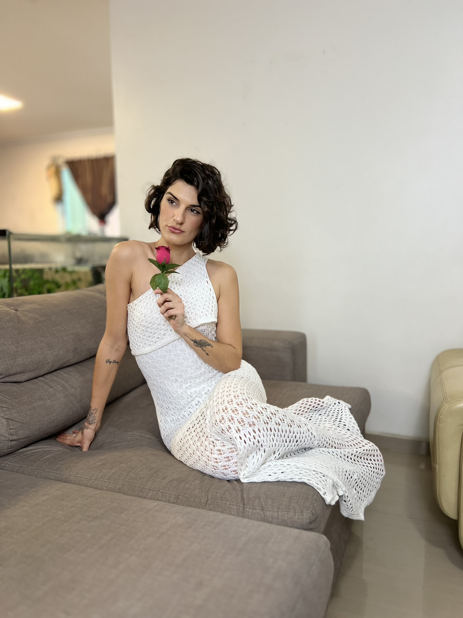 Vestido longo de crochê semi-novo